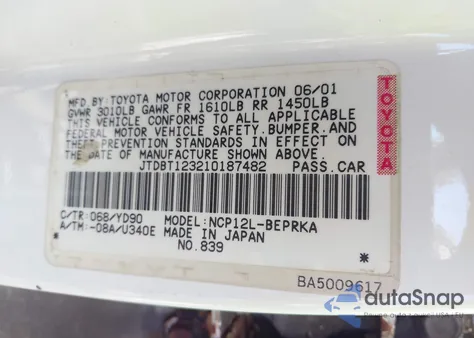 2001 Toyota Echo from USA, damaged, VIN JTDBT123210187482